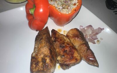 Country Style Pork Ribs and Bell Peppers Stuffed with Cauliflower Rice