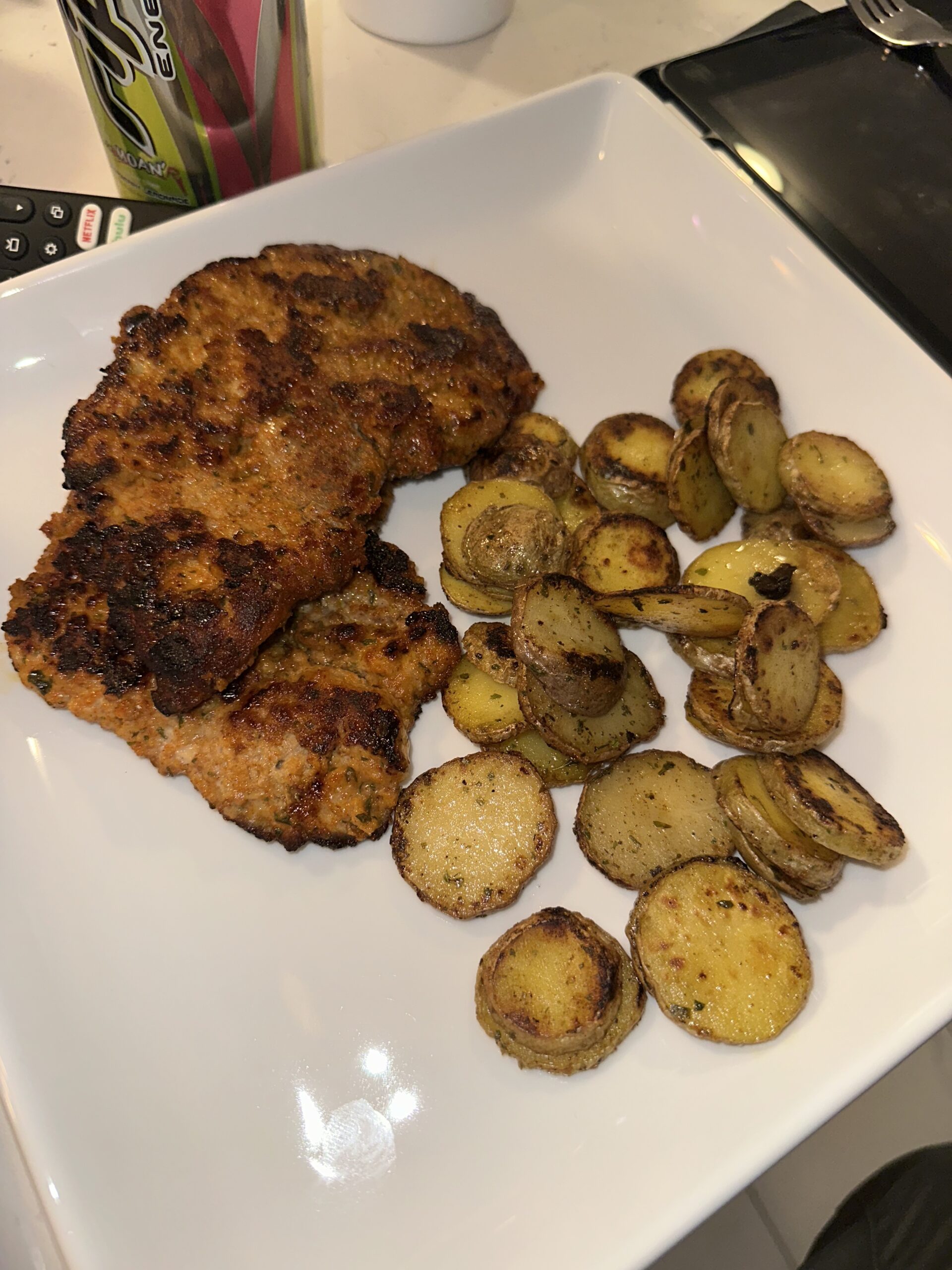siracha pork cutlets with taters filet